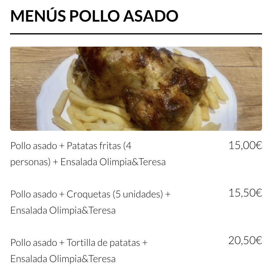 MENU POLLO ASADO PARA LLEVAR MADRID